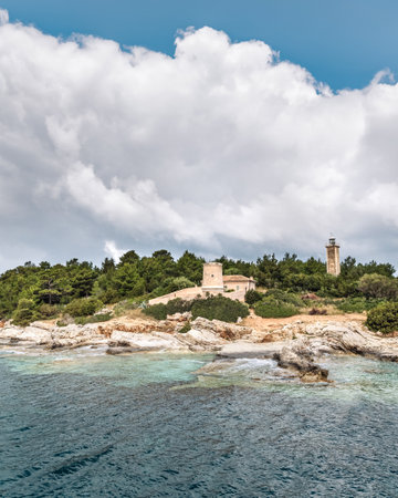 Cruise on Lefkada or Lefkas Greek island, Ionian Sea near Preveza. Summer vacation. Cloudy sky and waves.の写真素材