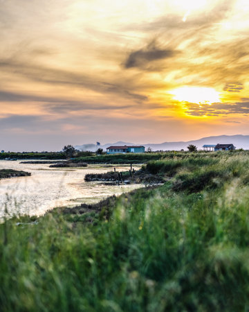 Sunset on the wetland National Park Delta Evros in Thrace Greece near to Feres and Alexandroupolis.の写真素材