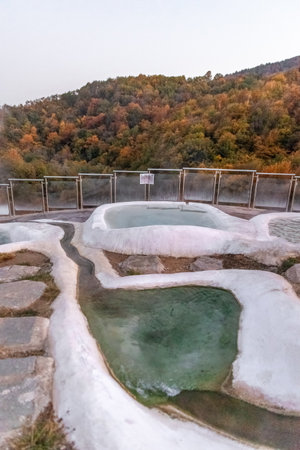 Thermal bath in Thermes Greek pomak villages near Xanthi, beautiful scenery and minaret architecture, muslim culture and religion, hot springs.の写真素材