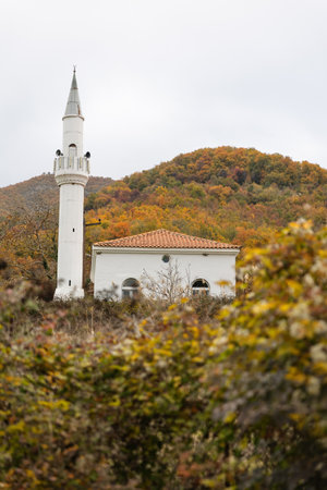 Thermal bath in Thermes Greek pomak villages near Xanthi, beautiful scenery and minaret architecture, muslim culture and religion, hot springs.の写真素材