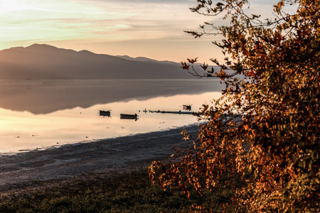 Beautiful sunset scenery on Kerkini lake Macedonia Greece, golden hour and sunrise.の写真素材