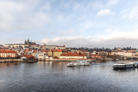 Panoramic view on Prague Historical Gothic Medieval castle and church complex, St. Vitus Cathedral, Charles Bridge, astronomical clock, Basilica of St. George, Unesco city tourism.の写真素材