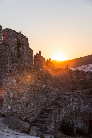 Panoramic view of Kavala city Greece from the Byzantine fortress or castle, near Panagia church, sunset colors.の写真素材
