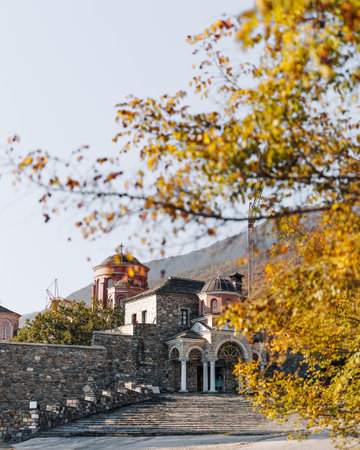 Byzantine Orthodox Monastery of Timios Prodromos at Akritochori near Serres and Lake Kerkini, Macedonia Greece, located on Menikio Mountain, tourist destination.の写真素材