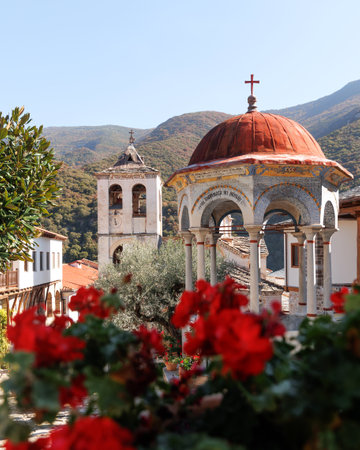 Byzantine monument of Orthodox Monastery of Timios Prodromos in Serres, Macedonia Greece, located on Menikio Mountain, tourist destination.の写真素材