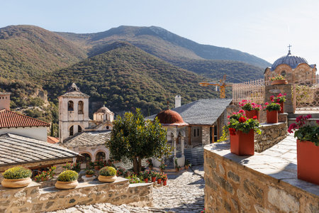 Byzantine monument of Orthodox Monastery of Timios Prodromos in Serres, Macedonia Greece, located on Menikio Mountain, tourist destination.の写真素材