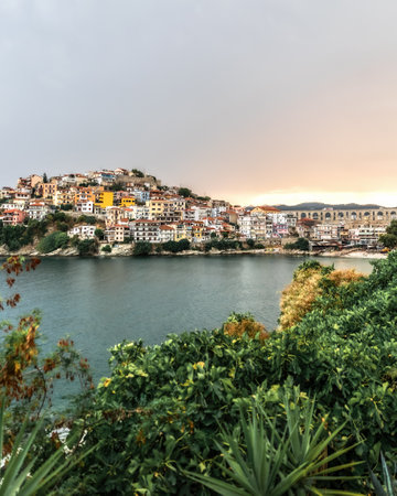Panoramic view to Kavala city principal touristic seaport of eastern Macedonia Greece, the architecture of the old church features magnificent arches, summer destination.の写真素材