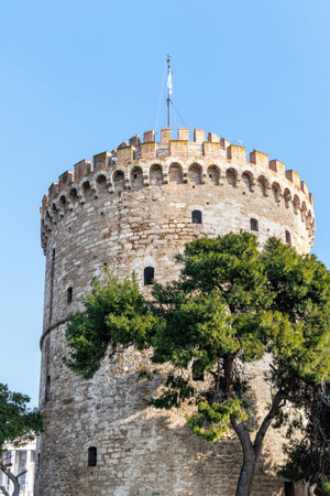 Panoramic view from White Tower monument and museum in Thessaloniki or Saloniki capital of Macedonia Greece, walking pedestrians, major seaport, blue sky.の写真素材