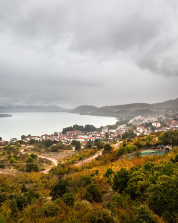 Panoramic view from the hill of the Kastoria city on Orestiada Lake in regional unit of Macedonia,...