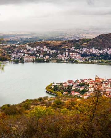 Panoramic view from the hill of the Kastoria city on Orestiada Lake in regional unit of Macedonia,...
