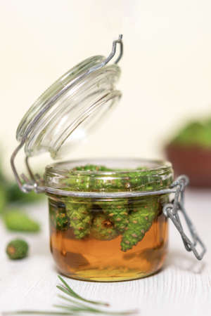 Honey and young green pine cones in an open glass jar on a light wooden table. Gourmet dessert. Natural medicineの写真素材