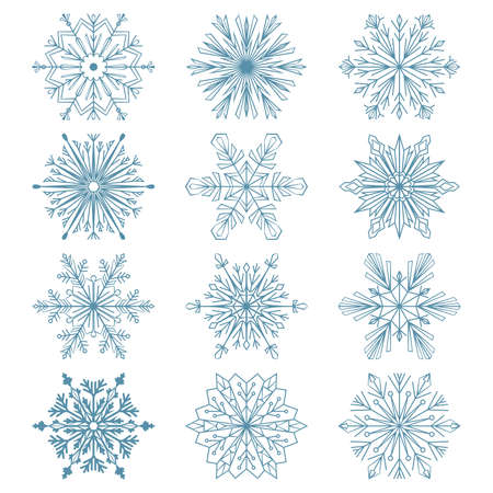 Snowflakes icon collection. Blue snowflakes on a white background graphic vector ornament.のイラスト素材