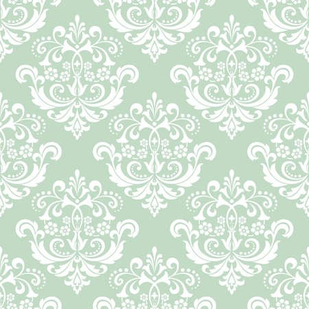 Wallpaper in the style of Baroque. A seamless vector background. White and green floral ornament. Graphic vector patternのイラスト素材