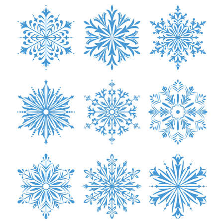 Snowflakes icon collection. Blue snowflakes on a white background. Graphic vector ornament.のイラスト素材