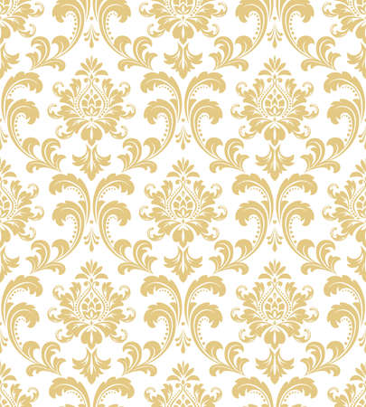 Wallpaper in the style of Baroque. A seamless vector background. White and gold floral ornament. Graphic vector patternのイラスト素材