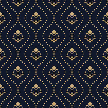 Dark blue and gold ornament floral pattern. Vintage wallpaper in Baroque style.