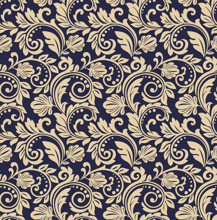 Flower pattern. Seamless dark blue and gold ornament. Graphic background. Ornament for fabric, wallpaper, packagingのイラスト素材
