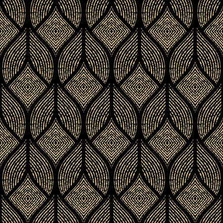 The geometric pattern with wavy lines, points. Seamless vector background. Gold and black texture. Simple lattice graphic designのイラスト素材