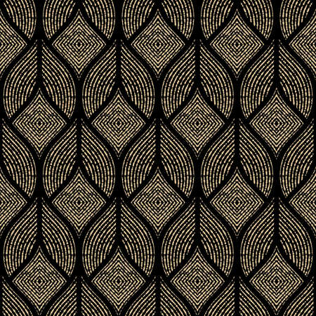 The geometric pattern with wavy lines, points. Seamless vector background. Gold and black texture. Simple lattice graphic design