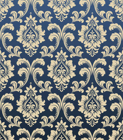 Wallpaper in the style of Baroque. A seamless background. Blue and gold floral ornament. Graphic pattern for fabric, wallpaper, packaging. Ornate Damask flower ornamentの写真素材
