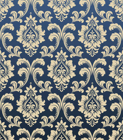 Wallpaper in the style of Baroque. A seamless background. Blue and gold floral ornament. Graphic pattern for fabric, wallpaper, packaging. Ornate Damask flower ornament