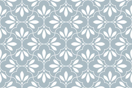 Flower geometric pattern. Seamless background. White and blue ornament. Ornament for fabric,...