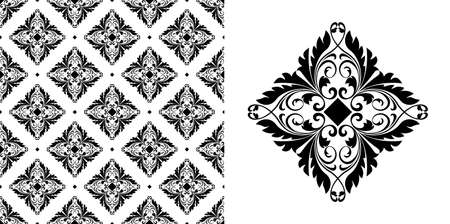 Geometric floral set of seamless patterns. Black and white backgrounds. Simple illustrationsのイラスト素材