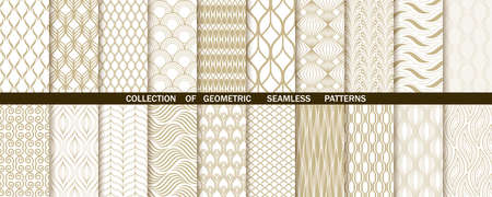 Geometric set of seamless gold and white patterns. Simple vector graphics