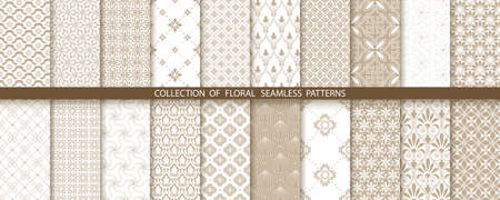 Geometric floral set of seamless patterns. Gold and white vector backgrounds. Simple illustrationsのイラスト素材