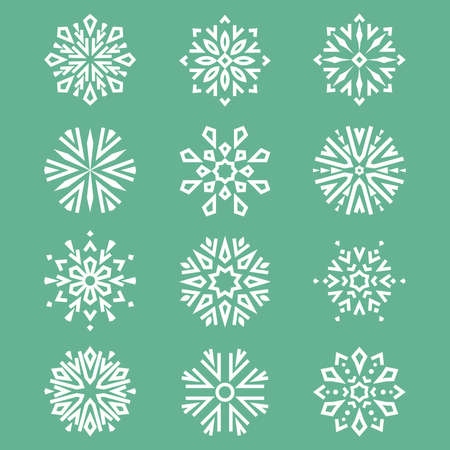 Snowflakes icon collection. Graphic modern green and white ornamentのイラスト素材
