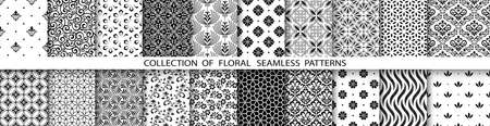 Geometric floral set of seamless patterns. Black and white vector backgrounds. Simple illustrationsのイラスト素材