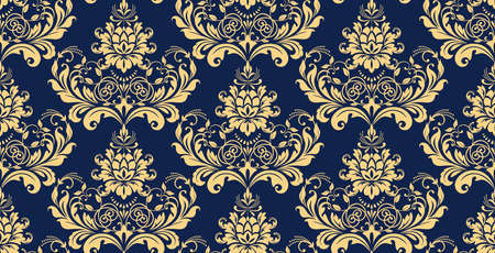 Wallpaper in the style of Baroque. Seamless vector background. Gold and dark blue floral ornament....