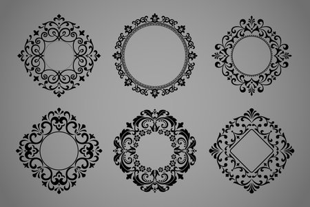 Set of decorative frames Elegant vector element for design in Eastern style, place for text. Floral black and gray borders. Lace illustration for invitations and greeting cardsのイラスト素材