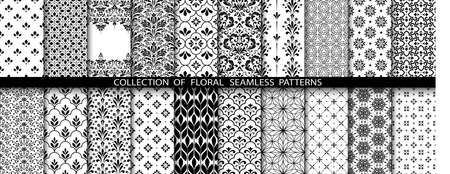 Geometric floral set of seamless patterns. White and black vector backgrounds. Simple illustrations.のイラスト素材