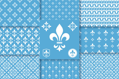 Geometric floral set of seamless patterns. White and blue vector backgrounds. Simple illustrationsのイラスト素材