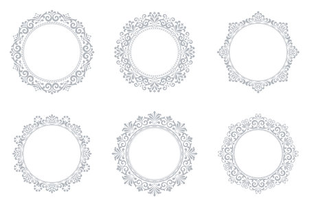 Set of decorative frames Elegant vector element for design in Eastern style, place for text. Floral gray and white borders. Lace illustration for invitations and greeting cardsのイラスト素材