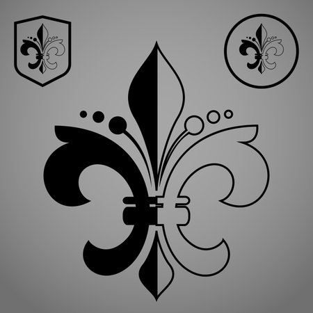 Black royal lily on a gray background. Heraldic sign, logo, design element, decoration. Graphic vector patternのイラスト素材