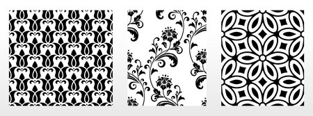 Geometric floral set of seamless patterns. White and black vector backgrounds. Damask graphic ornaments.のイラスト素材
