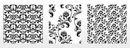 Geometric floral set of seamless patterns. White and black vector backgrounds. Damask graphic ornaments.のイラスト素材