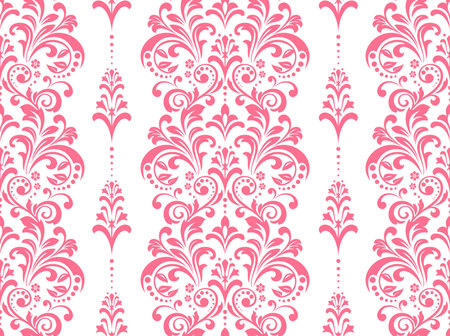 Wallpaper in the style of Baroque. Seamless vector background. White and pink floral ornament. Graphic pattern for fabric, wallpaper, packaging. Ornate Damask flower ornamentのイラスト素材