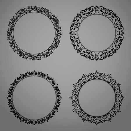Set of decorative frames Elegant vector element for design in Eastern style, place for text. Floral black and gray borders. Lace illustration for invitations and greeting cardsのイラスト素材