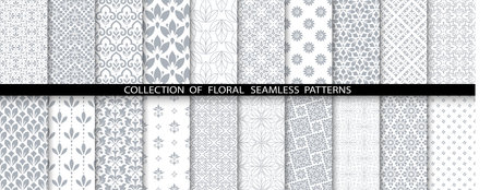 Geometric floral set of seamless patterns. White and gray vector backgrounds. Damask graphic ornamentsのイラスト素材