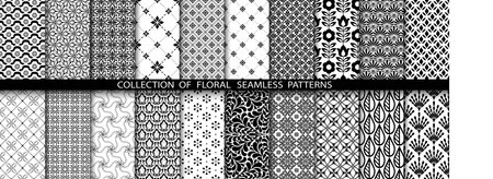 Geometric floral set of seamless patterns. White and black vector backgrounds. Damask graphic ornaments.のイラスト素材