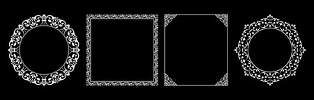 Set of decorative frames Elegant vector element for design in Eastern style, place for text. Floral black and white borders. Lace illustration for invitations and greeting cards.のイラスト素材