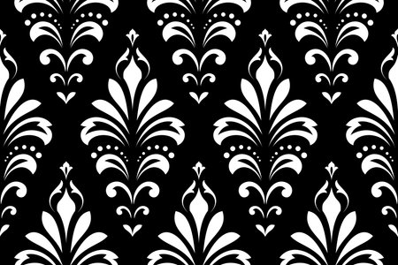 Wallpaper in the style of Baroque. Seamless vector background. White and black floral ornament. Graphic pattern for fabric, wallpaper, packaging. Ornate Damask flower ornament.のイラスト素材