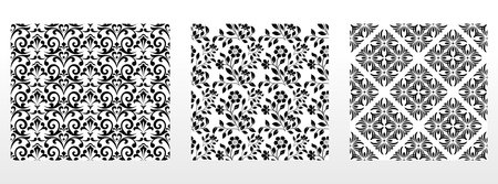 Geometric floral set of seamless patterns. White and black vector backgrounds. Damask graphic ornamentsのイラスト素材