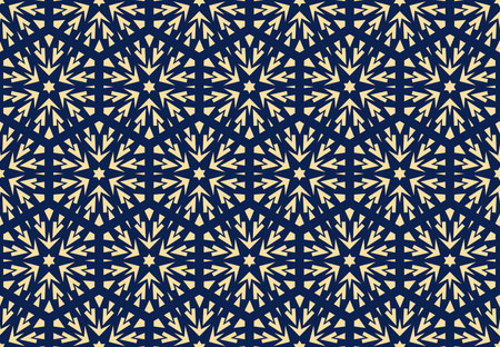 Abstract geometric pattern with lines, snowflakes. A seamless vector background. Golden and dark blue texture. Graphic modern patternのイラスト素材