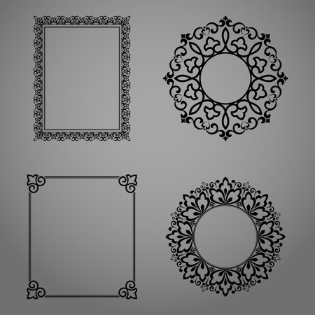 Set of decorative frames Elegant vector element for design in Eastern style, place for text. Floral black and gray borders. Lace illustration for invitations and greeting cardsのイラスト素材