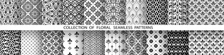 Geometric floral set of seamless patterns. White and black vector backgrounds. Damask graphic ornaments.のイラスト素材