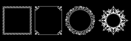 Set of decorative frames Elegant vector element for design in Eastern style, place for text. Floral black and white borders. Lace illustration for invitations and greeting cards.のイラスト素材